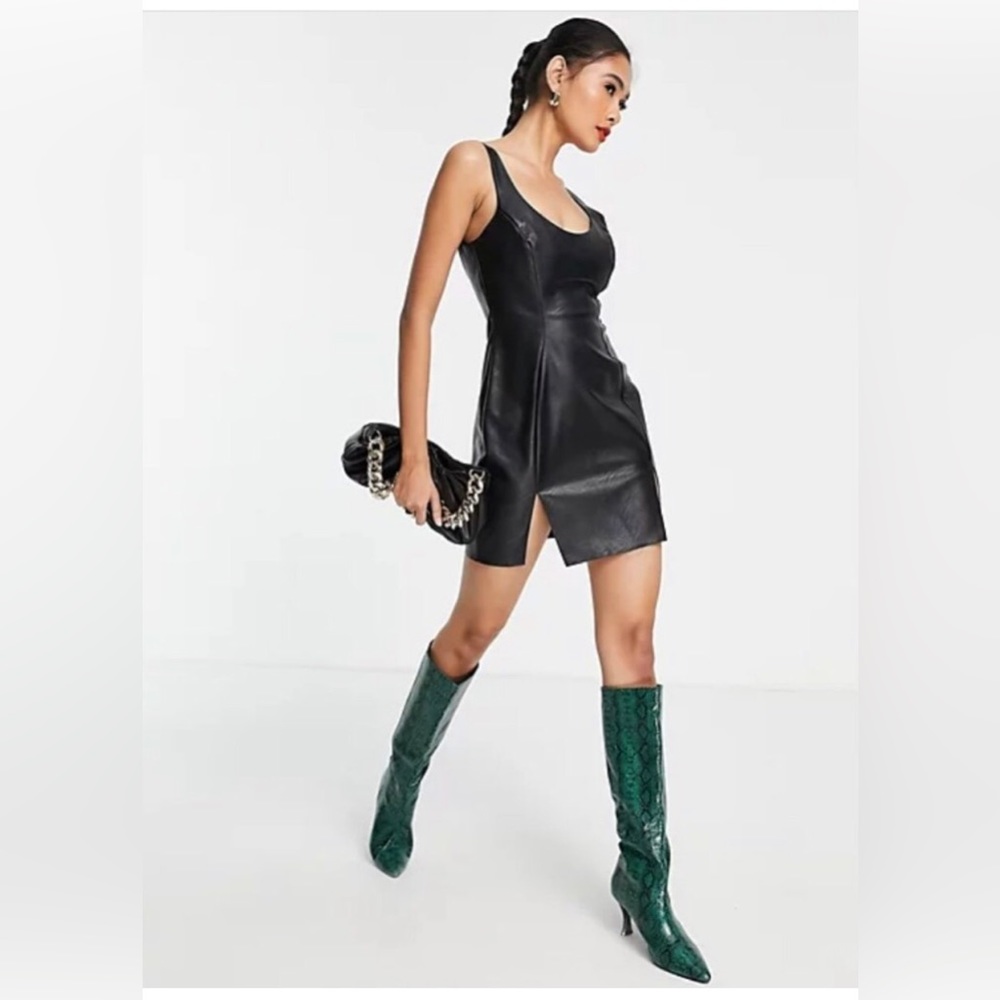 NWT Asos Design Dress leather look mini slip dress split hem in black women’s 6